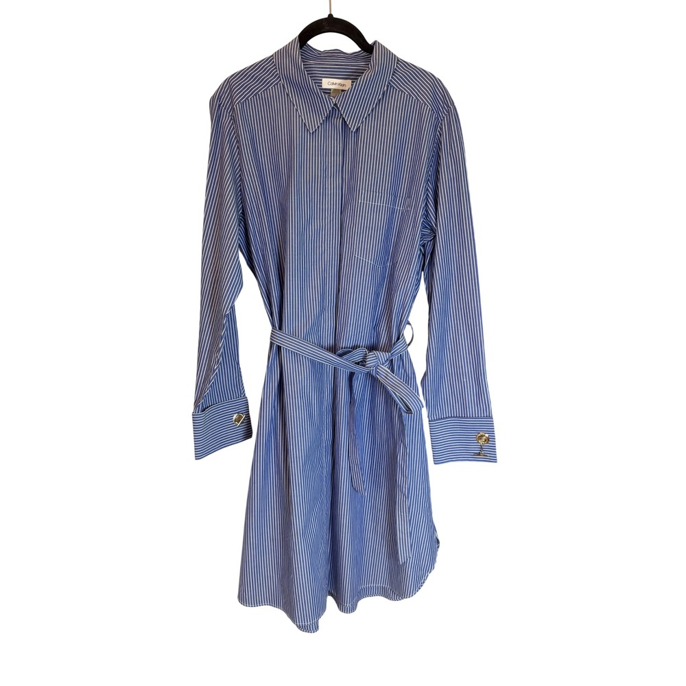 Calvin Klein Womens Blue White Striped Cotton Belted Shirt Dress Gold Cuff 14